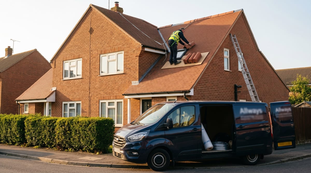 Allways Roofing on a Haverhill pitched roof - branded van, ladder, ridge work