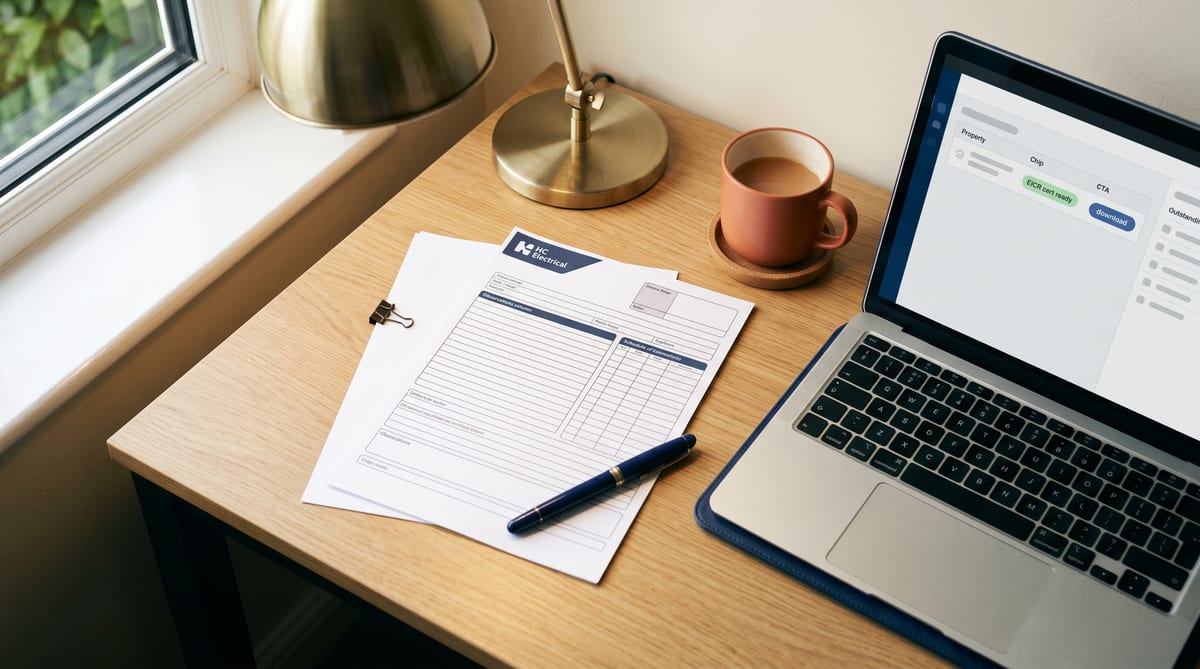 An EICR cert beside a letting-agent's laptop showing the agent portal