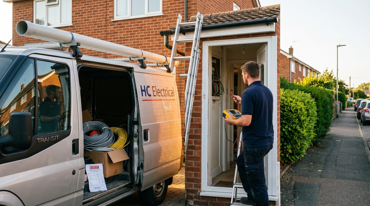 HC Electrical van outside a Haverhill domestic property, sparky on site
