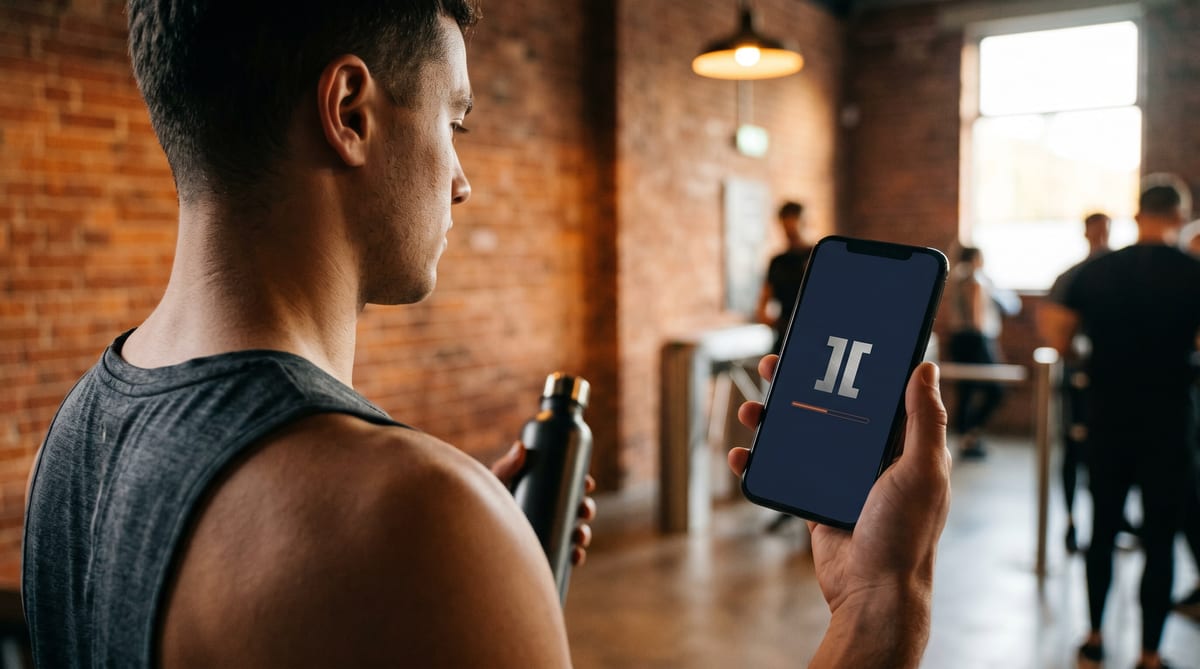 A member opening the Iron Institute iOS app at the gym - the gym's brand, not the vendor's