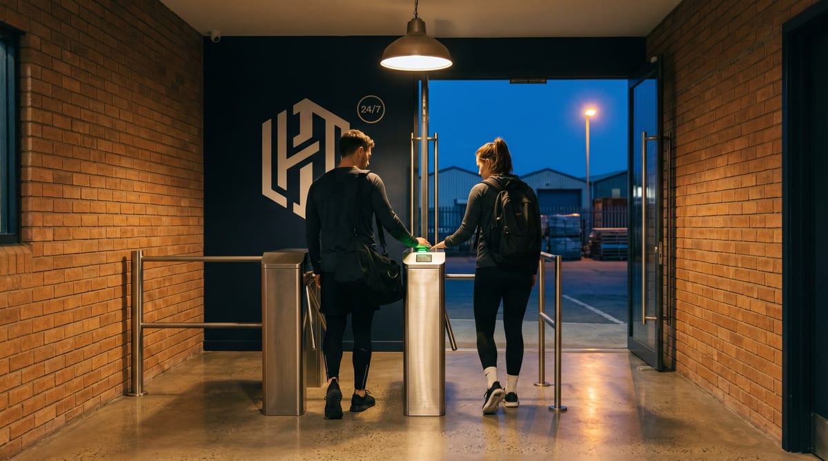 06:00 at an unstaffed 24/7 gym door - the first members of the morning swiping in, reconciled access