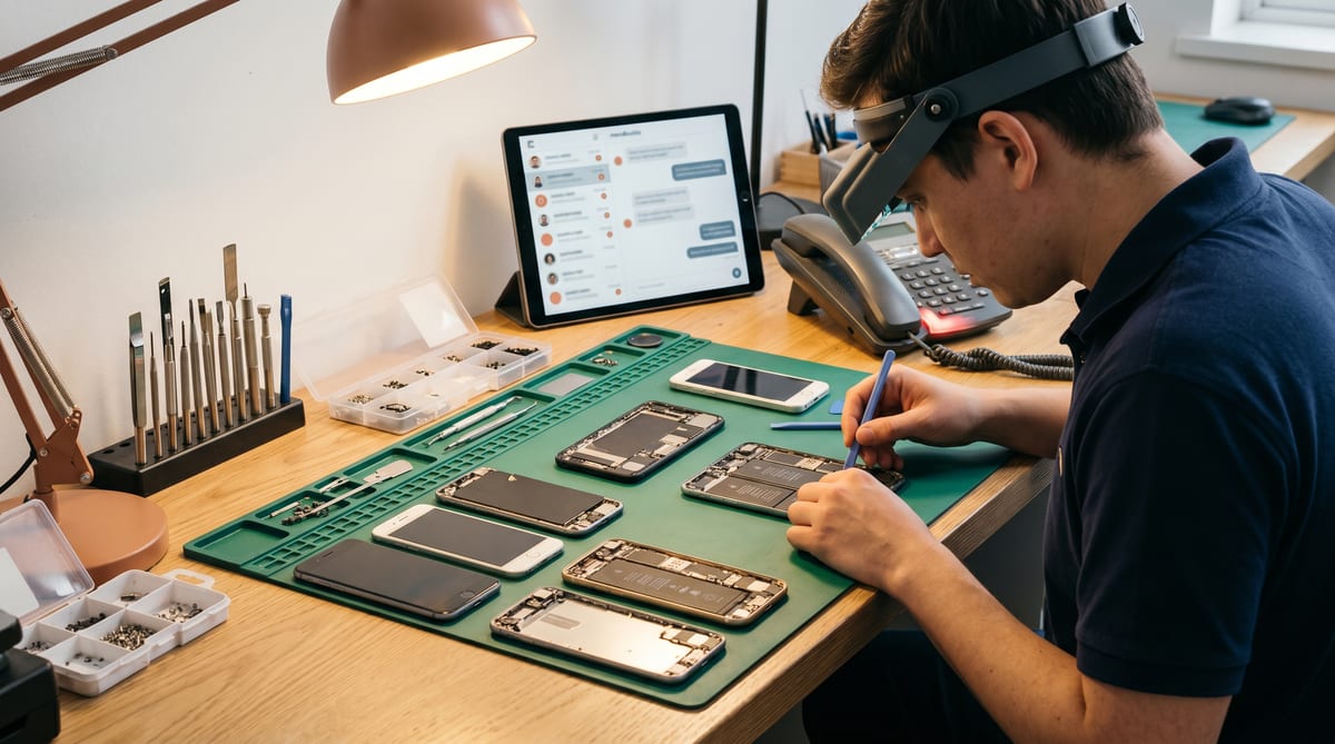 Tuesday at the mendmyi repair bench - eight phones, a ringing handset, the technician with gloves on