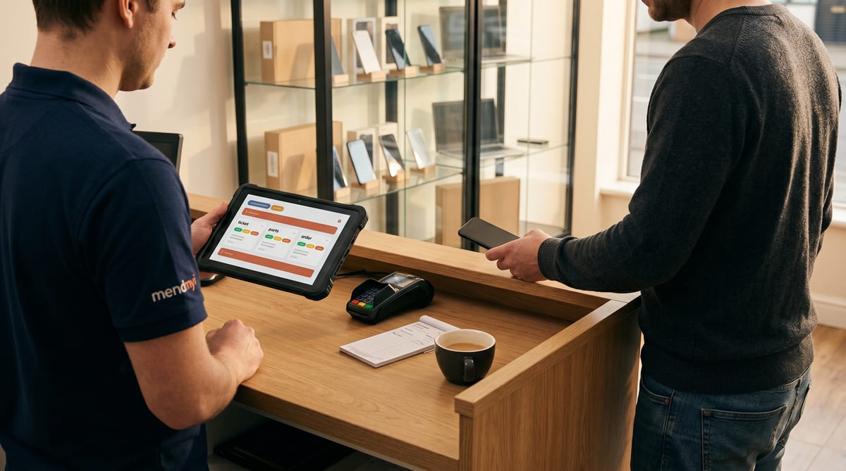 The counter view at mendmyi - staff with the in-shop tablet, customer dropping off a device