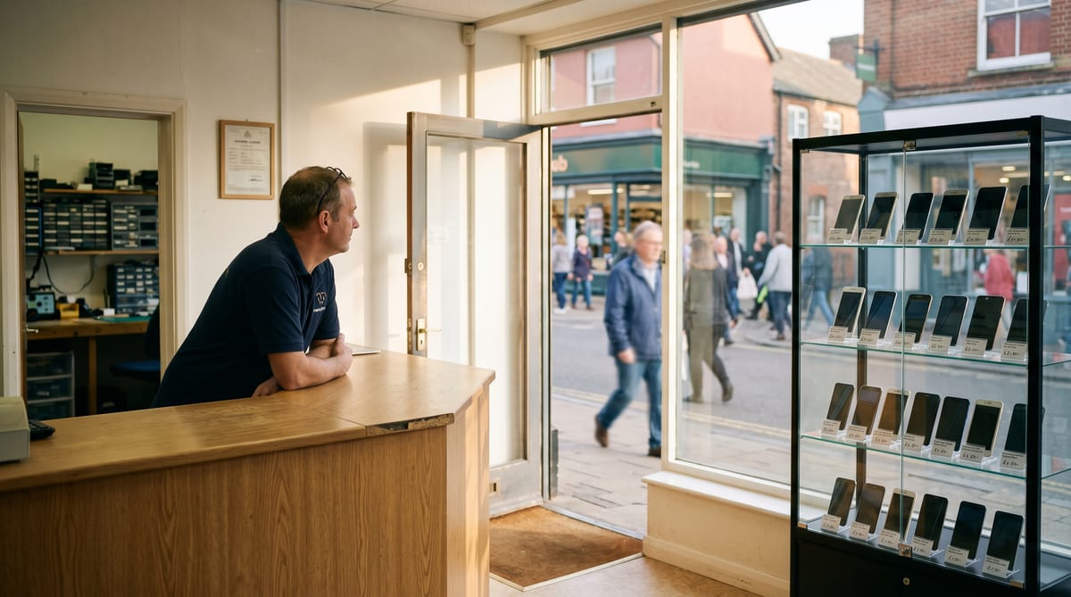 The mendmyi shopfront - repair counter on one side, refurbished devices in the glass case on the other