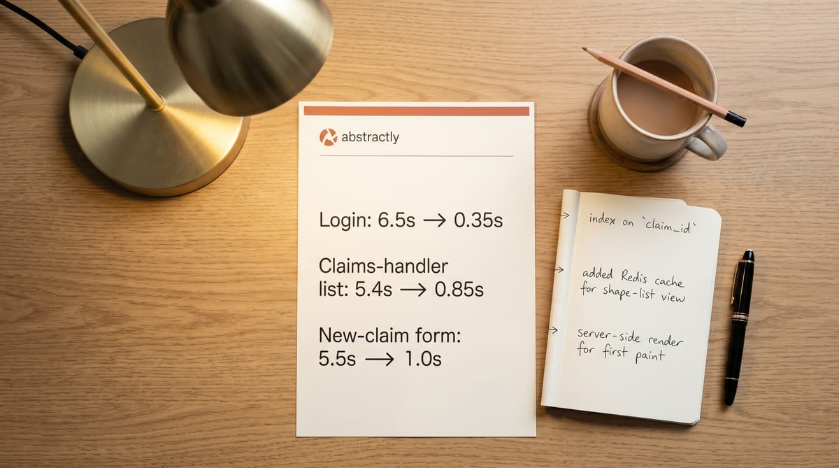 An editorial flat-lay showing before / after timing measurements - login page, claims-handler list, new-claim form