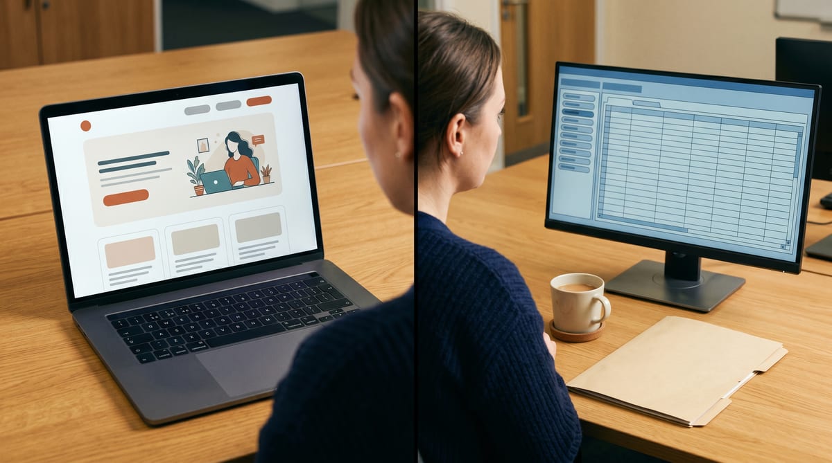 The split - modern marketing site at the front, legacy LOB system still running behind