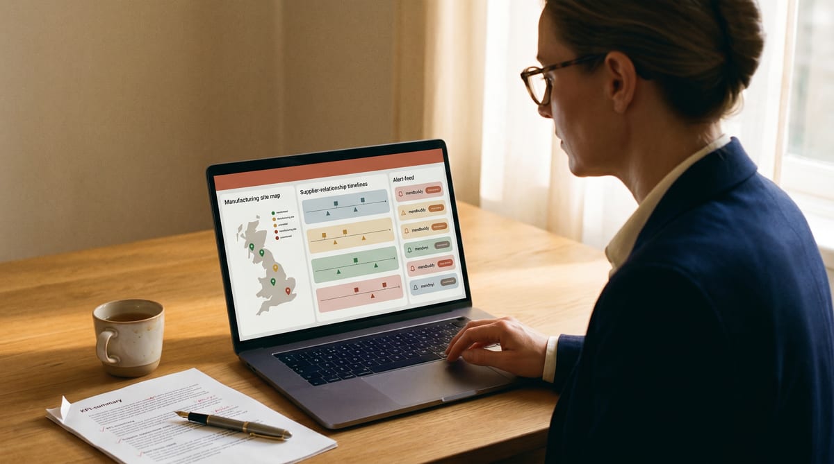 A pharma operations director glancing at the custom dashboard - manufacturing map, supplier timeline, alert feed