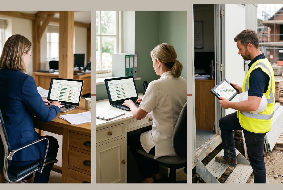 The same dashboard engine ported across three verticals - accountant practice KPI, clinic outcomes, construction margin