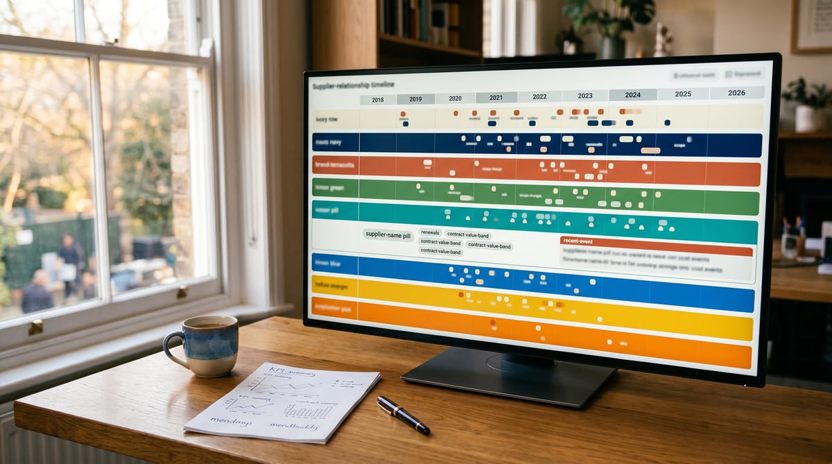 The supplier-relationship timeline view - horizontal bands across multiple years, alert markers, one row pivoted open