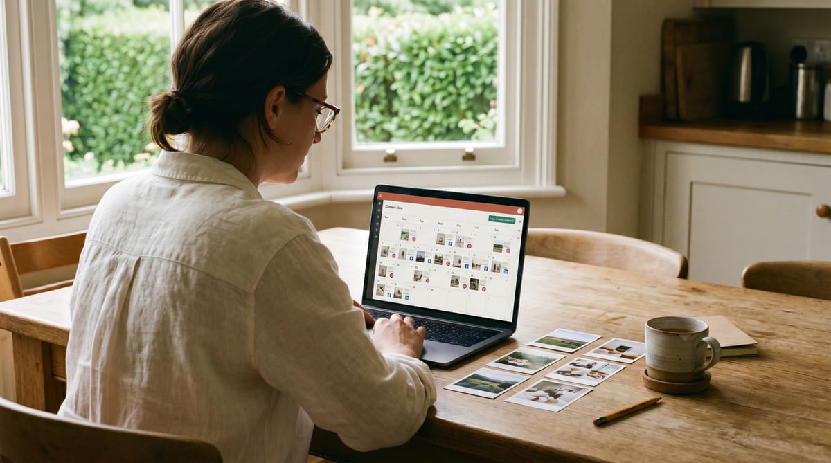 The planpost calendar view - upcoming posts queued across platforms for a UK SME