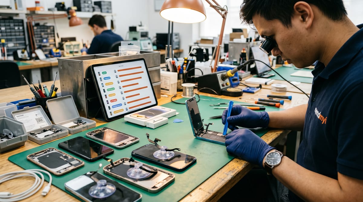 The mendmyi repair bench running on RepairMinder - technician with iPad, eight phones in repair