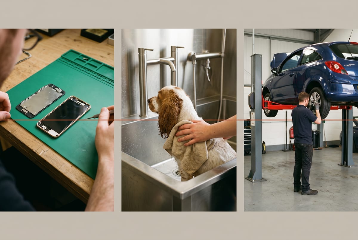 The same engine ported across three different verticals - repair bench, dog-grooming, garage bay