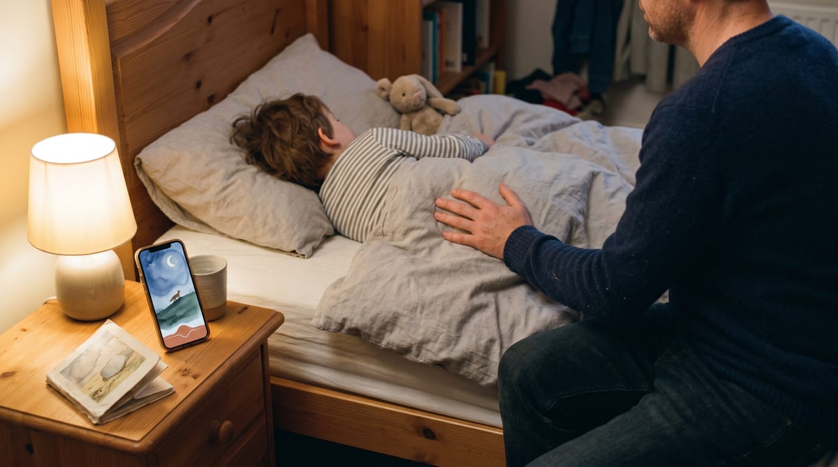 Bedtime scene with the storytimebaker app on a phone playing audio narration to a child