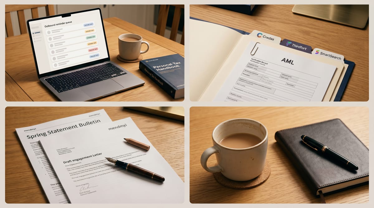 A UK accountancy practice's week - Sunday-evening Karbon reminders, the AML folder, the engagement-letter draft, the Spring Statement newsletter