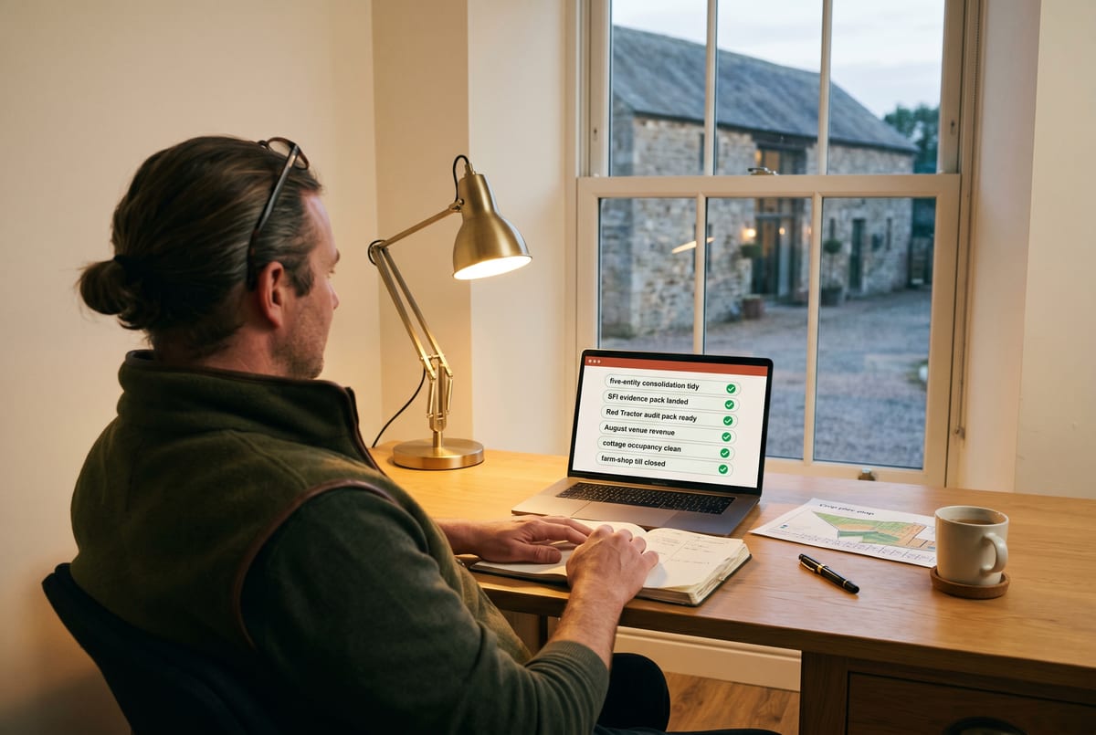 Friday-evening farm office - five-entity consolidation tidy, SFI evidence pack landed, Red Tractor audit pack ready, the diversified estate making sense on one screen
