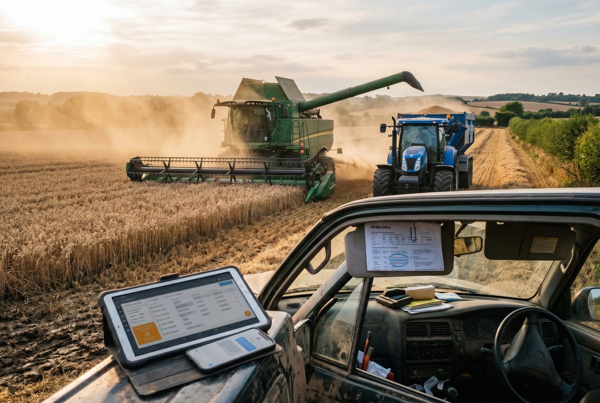 Combine in a Suffolk wheat field at golden hour - the weather-window booking, the contractor's Gantt of five farms, the ETA SMS to the farm office