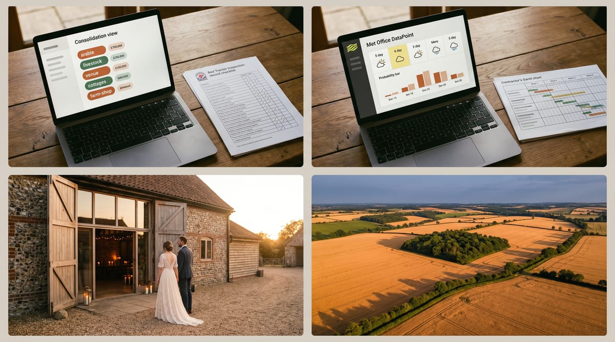 A UK SME agriculture / diversified-estate week - Sunday five-entity Xero reconciliation, Red Tractor audit folder, combine weather-window decision, diversification cross-arm view