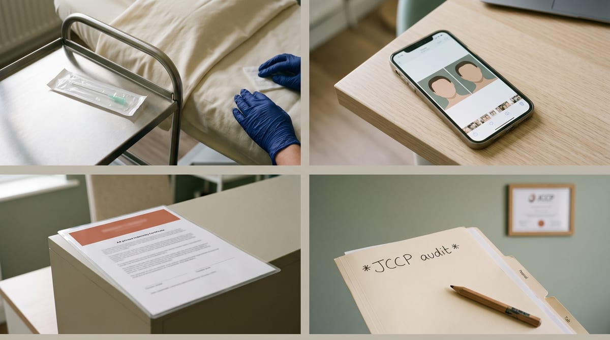 A UK aesthetic clinic's week - treatment room, the practitioner's phone with a before/after pair, the package patient's record, the JCCP audit folder