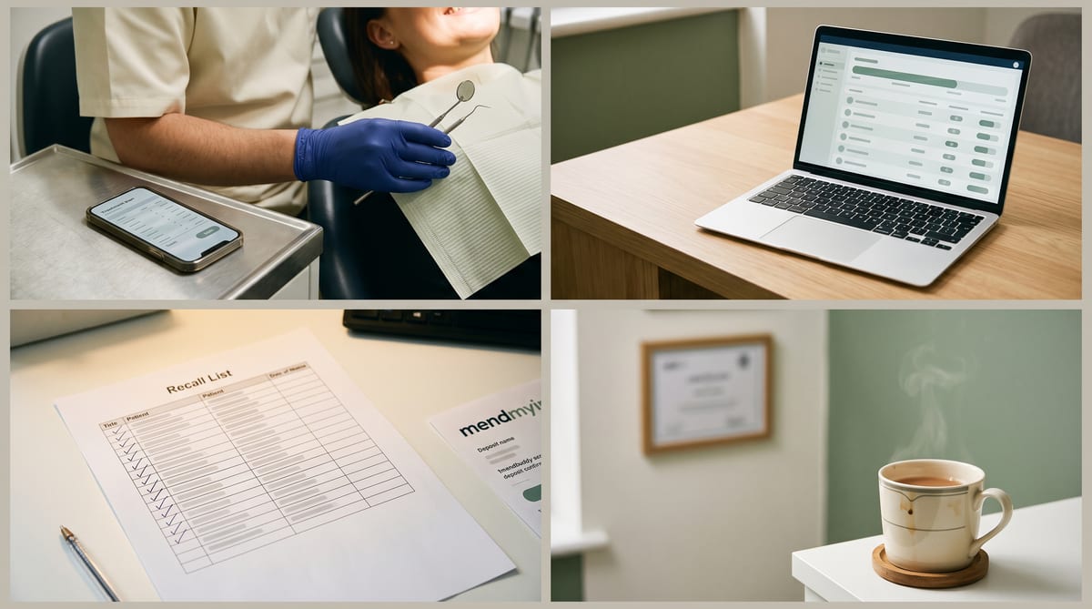 A UK private dental practice week - chair-side, the treatment plan PDF on the patient's phone, the NHS UDA dashboard, the recall list