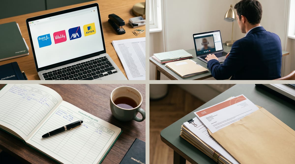A UK private GP practice's week - the four-PMI-portal Friday, the telehealth consult on the desk, the green CD book, the records-request pack