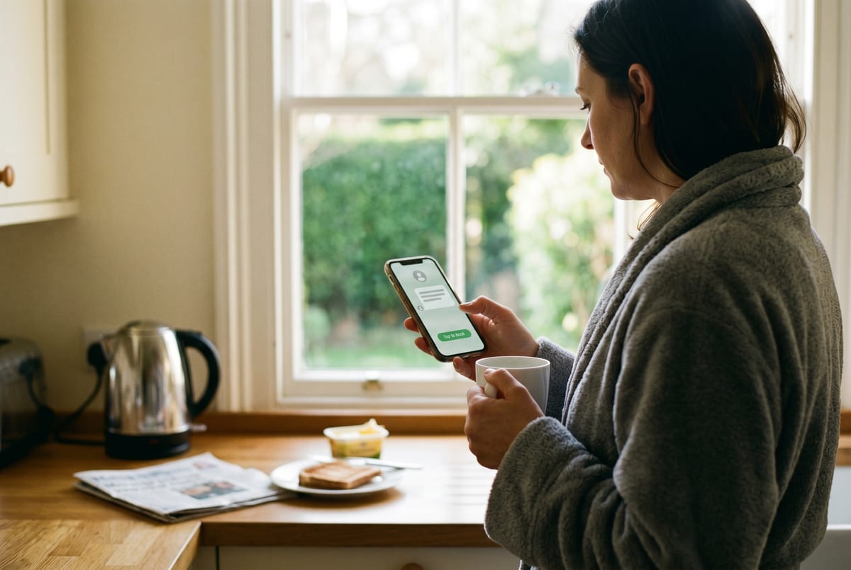 The recall thread on a Saturday morning - patient tapping confirm on a one-tap booking, in the kitchen, coffee