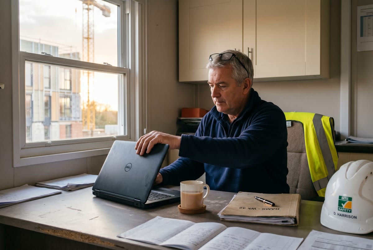 Friday at six - the site office tidy, the safety folder one URL, the team gone home