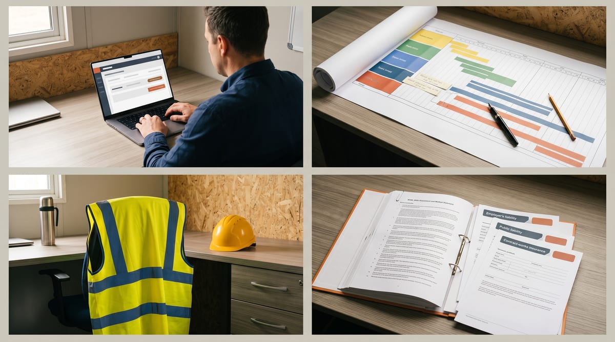 A UK commercial contractor's week - the tender Friday, the stage-payment certificate, the multi-trade programme, the Thursday accident, the subbie onboarding pack