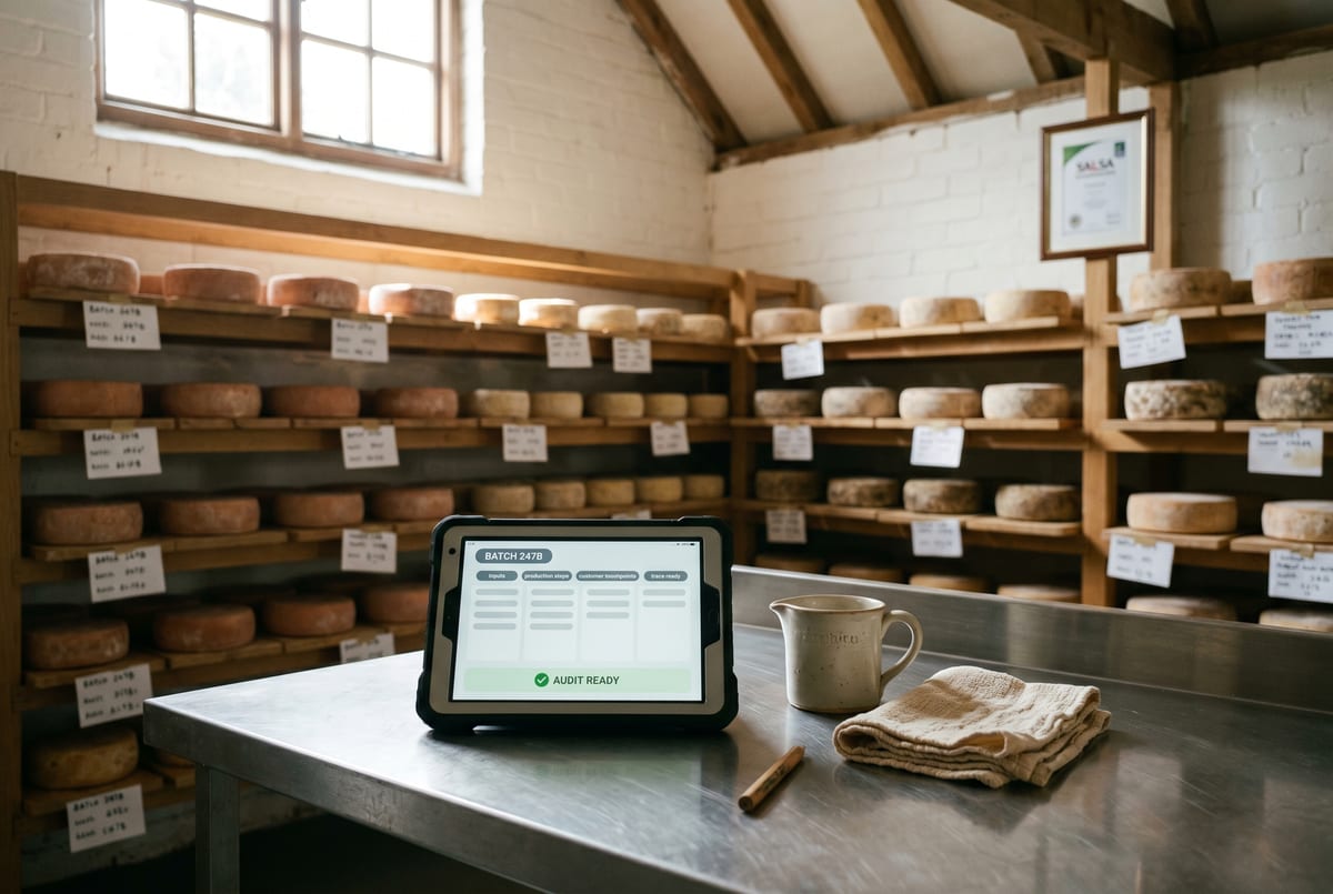 The cheese-maker mid-batch - labelled wheels on a racking shelf, a tablet open to the structured batch record showing inputs and customer touchpoints, the SALSA certificate on the wall behind