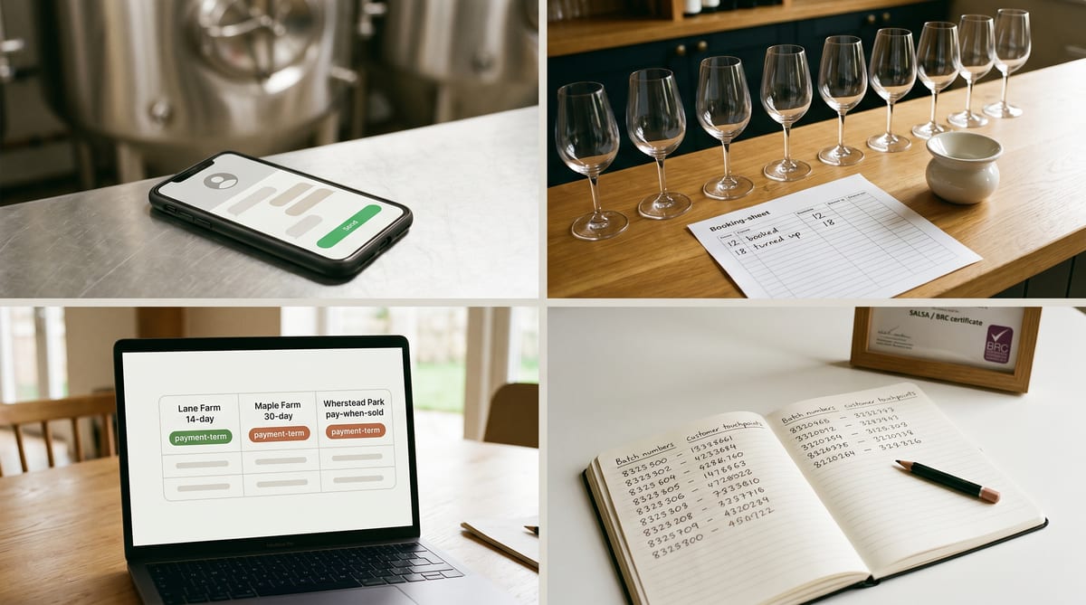 A UK craft food and drink producer's week - the Friday-lunchtime pub WhatsApp, the cellar-door tour, the Shopify Friday-evening order, the three-statement farm-shop reconciliation, the cheese-batch traceability notebook