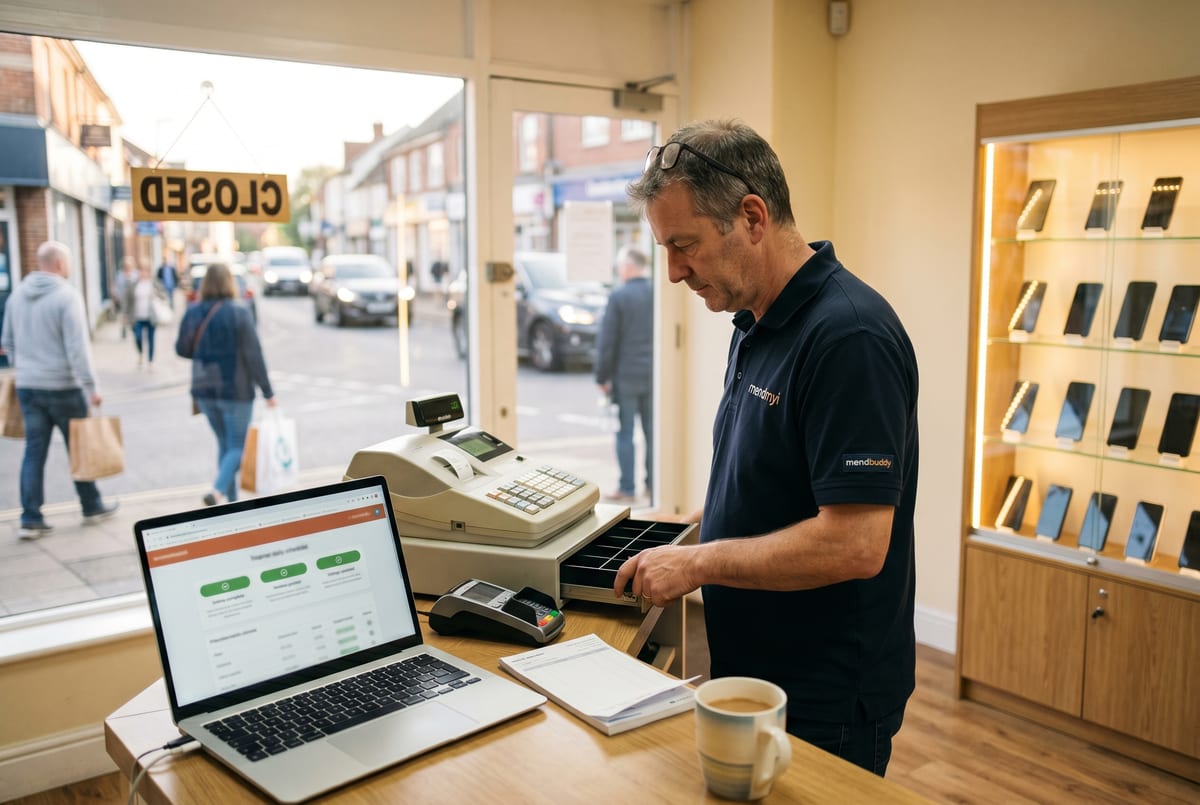 Friday close at the shop - counter tidy, the day's tickets all collected, refurb cabinet visible behind, the owner closing the till