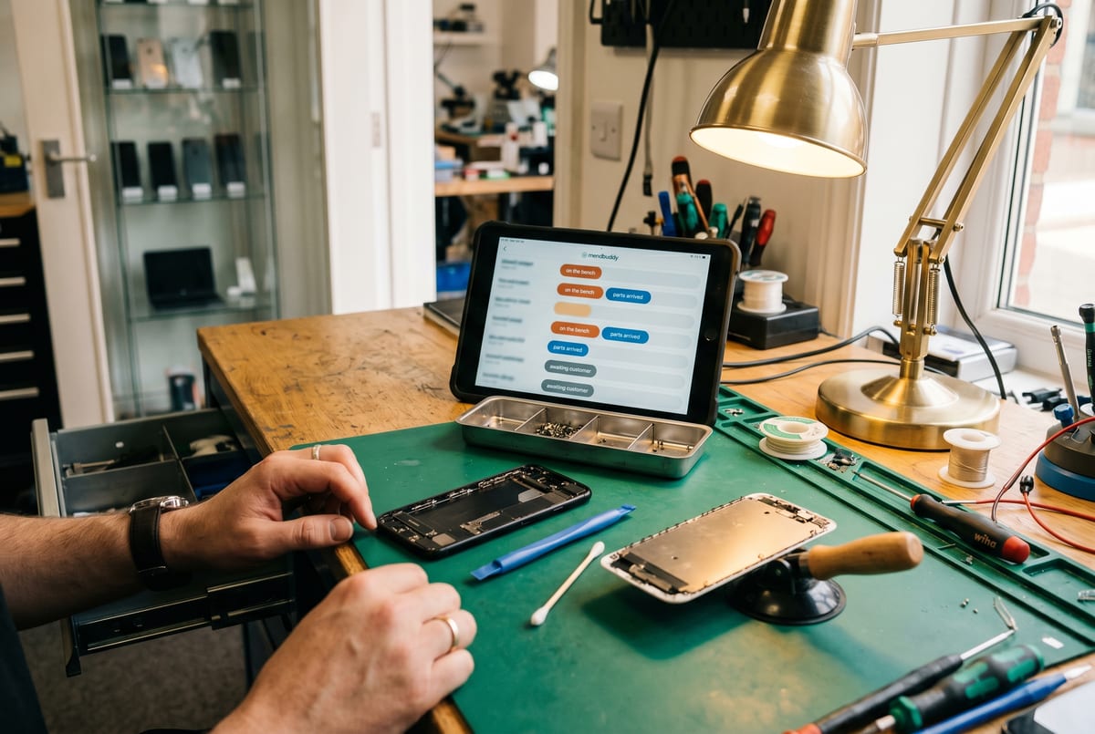 Tuesday morning device-repair bench - the tech's tablet showing the day's ticket queue, the parts drawer to one side, the back-room refurb cabinet visible through the doorway