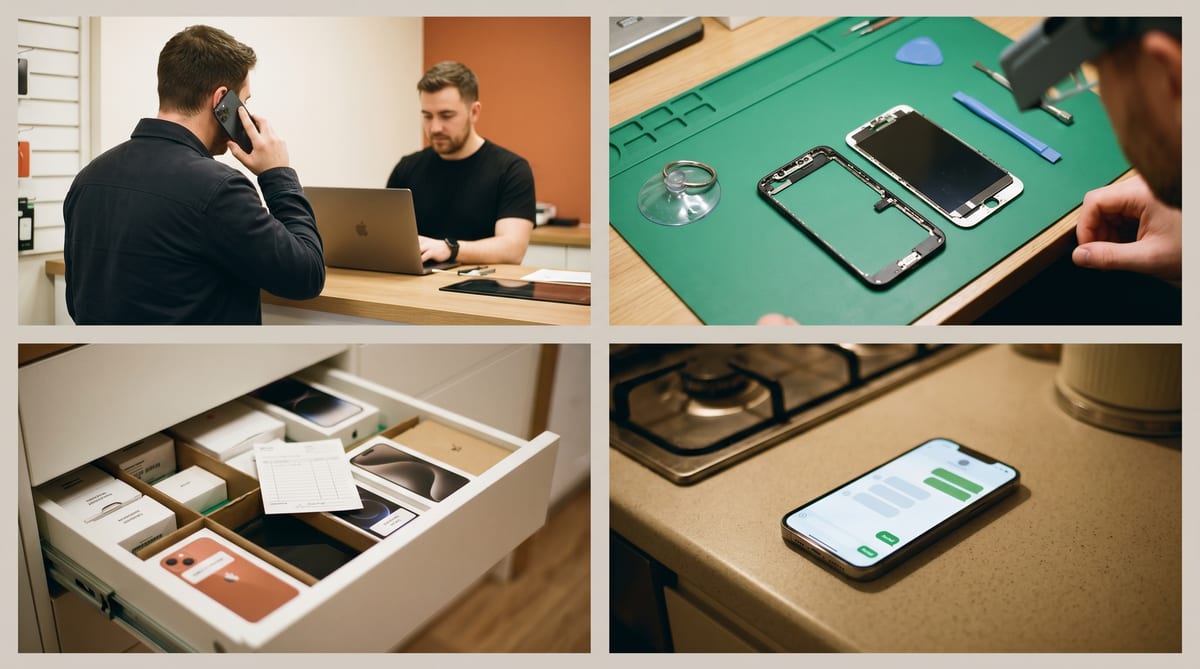 A UK device-repair shop's week - the is-it-ready phone call, the drawer labelled iPhone X screens that doesn't contain any, the Mobile Sentrix tracking page, the Marketplace DM at 9pm