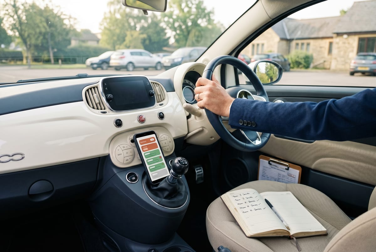 Tuesday-morning ADI diary tidied - the three reschedule requests confirmed, the next pupil's lesson tagged on the phone propped against the gearstick
