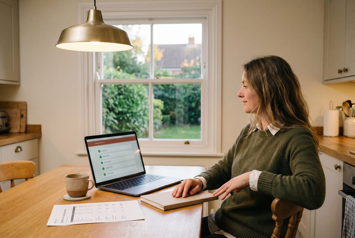 Friday-evening ecommerce founder kitchen-table scene - month-end reconciliation drafted, multi-channel stock parity, social queued for the weekend, the weekend free