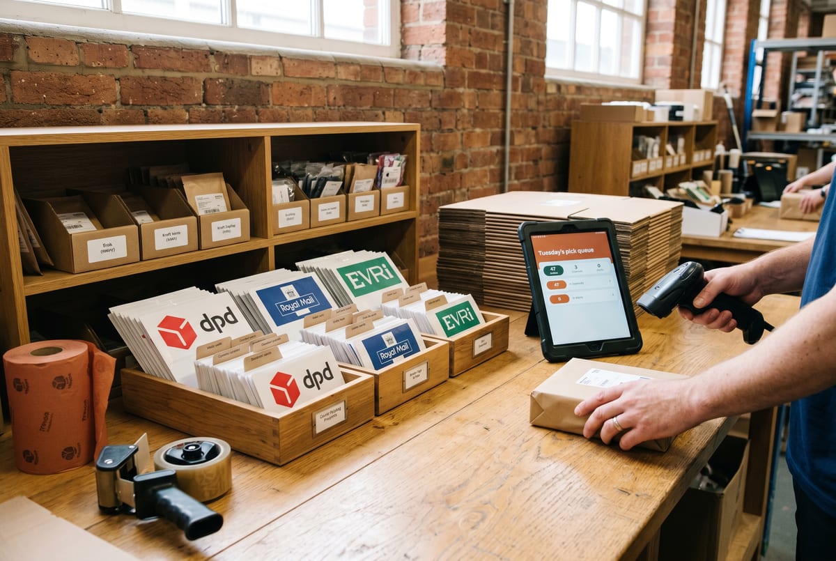 Tuesday warehouse pack-bench - multi-channel stock parity, the courier scan auto-routing, the inbound DM agent answering in brand voice