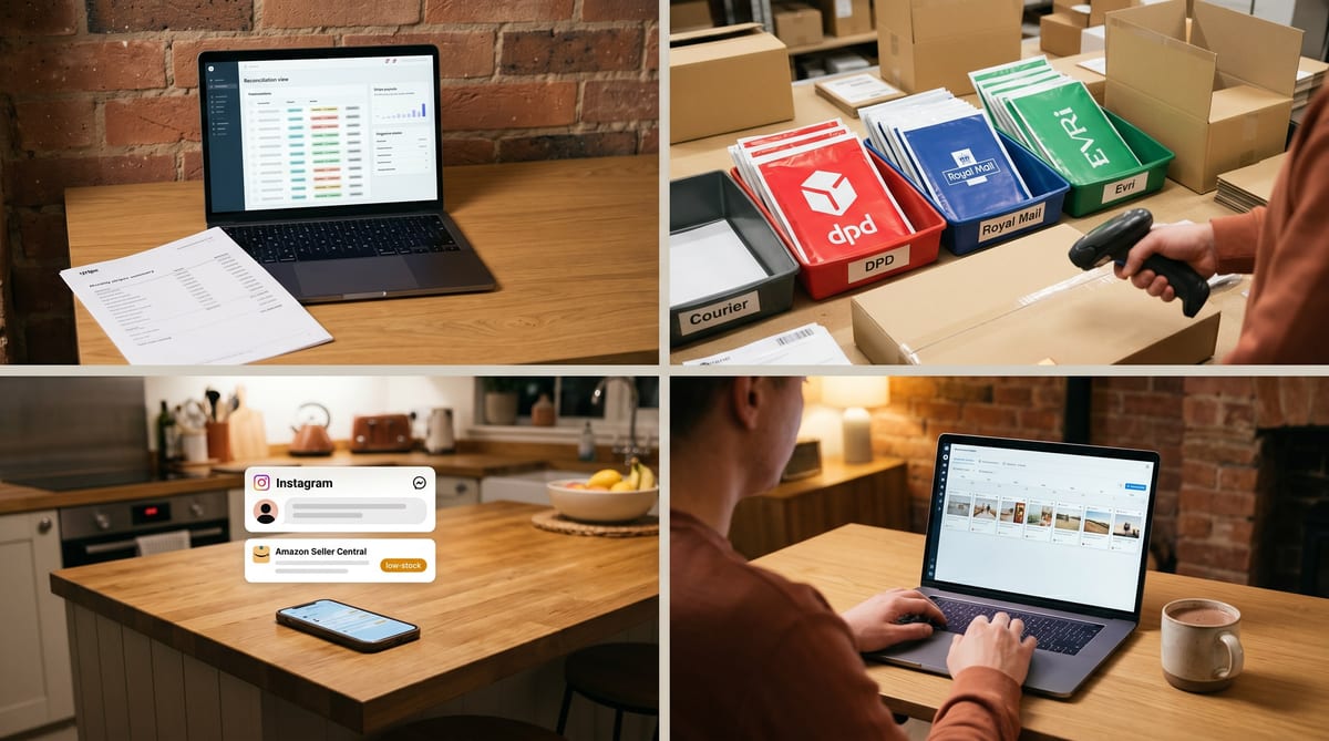 A UK ecommerce seller's week - the bookkeeper's reconciliation, the four-channel stock mismatch, the where's-my-order inbox, the warehouse pack-bench