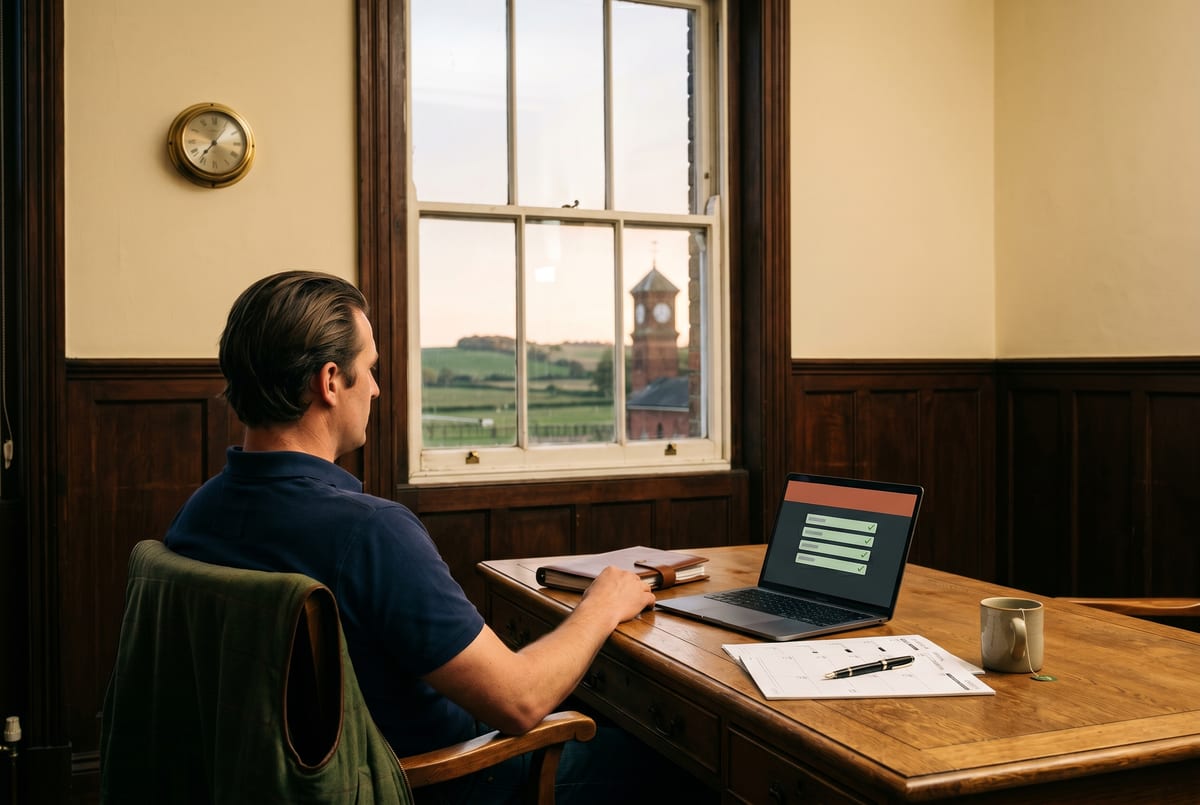Friday-evening Newmarket yard office - per-owner statements ready for the 1st, BHA entries submitted on time, syndicate WhatsApp settled