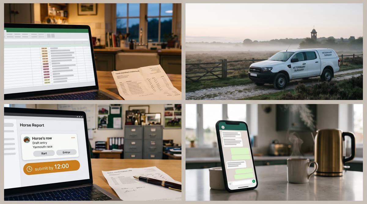 A Newmarket yard / stud / practice week - Sunday kitchen-table reconciliation, the vet's round across the heath, the BHA Friday-noon Horse Report screen, the syndicate race-day WhatsApp