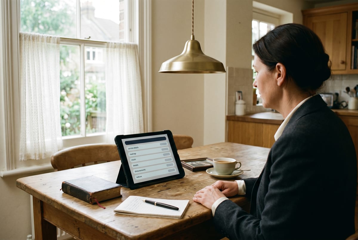 Tuesday-afternoon arrangement meeting at a family's kitchen table - the funeral director with a tablet capturing the structured intake, the family's hymn-book and a framed photograph nearby