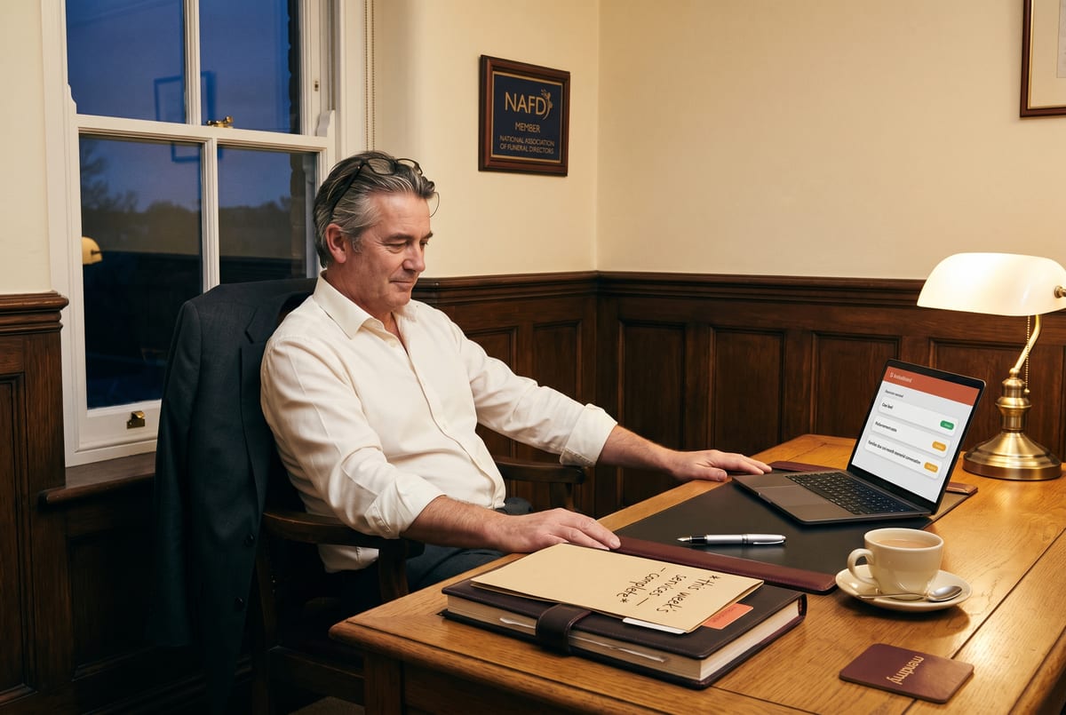 Friday evening at the principal funeral director's desk - this week's funerals reconciled, the estate-final-bills ready, the memorial-conversation cohort for next month surfaced