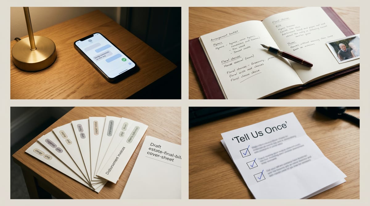 A UK independent funeral director's week - the 3am call notebook, the kitchen-table arrangement booklet, the eight disbursement invoices, the Tell Us Once checklist, the BRAMM memorial-mason hand-off list