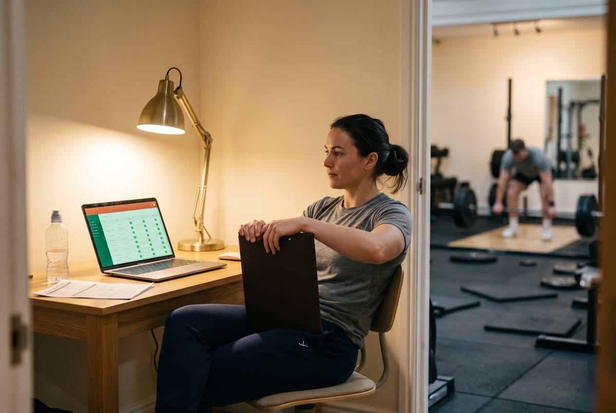 Friday evening at the gym - the manager closing the laptop, the lapsed-list digest cleared, the weekend's class waitlist confirmed, the access vendor green