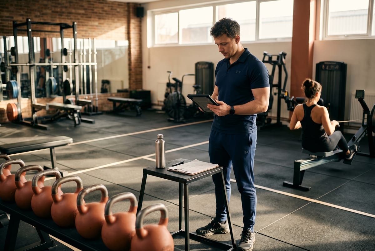 Tuesday morning at the gym floor - the PT with a tablet showing this week's three at-risk clients to call, the Sunday-evening rebooking thread cleared