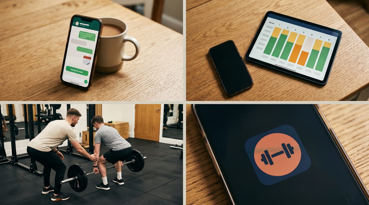 A UK personal trainer's week - the Sunday-evening rebooking thread, the packs ledger running down, the transformation client gone quiet, the Instagram DM at 21:00