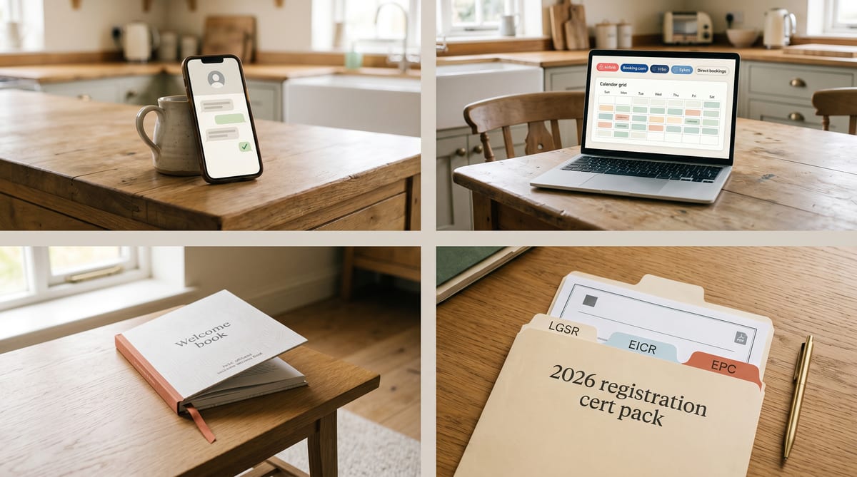A UK holiday-let owner's week - the Saturday cleaner WhatsApp, the 11pm WiFi message, the Sykes commission, the OTA payout, the 2026 registration cert pack