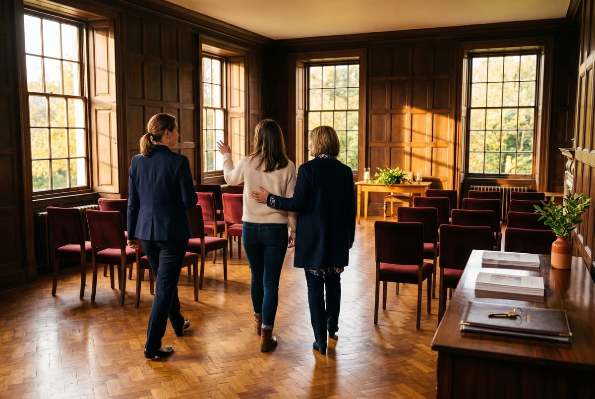 Tuesday-afternoon tour at a UK country-house wedding venue - the events manager walking the bride through the ceremony room, the brochure on the table