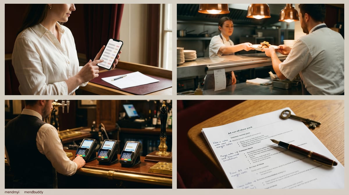 A UK independent hospitality operator's week - the Saturday-night wedding enquiry, the wet Tuesday no-show, the OTA sync drift, the run-of-show pack, the allergen question at table 14