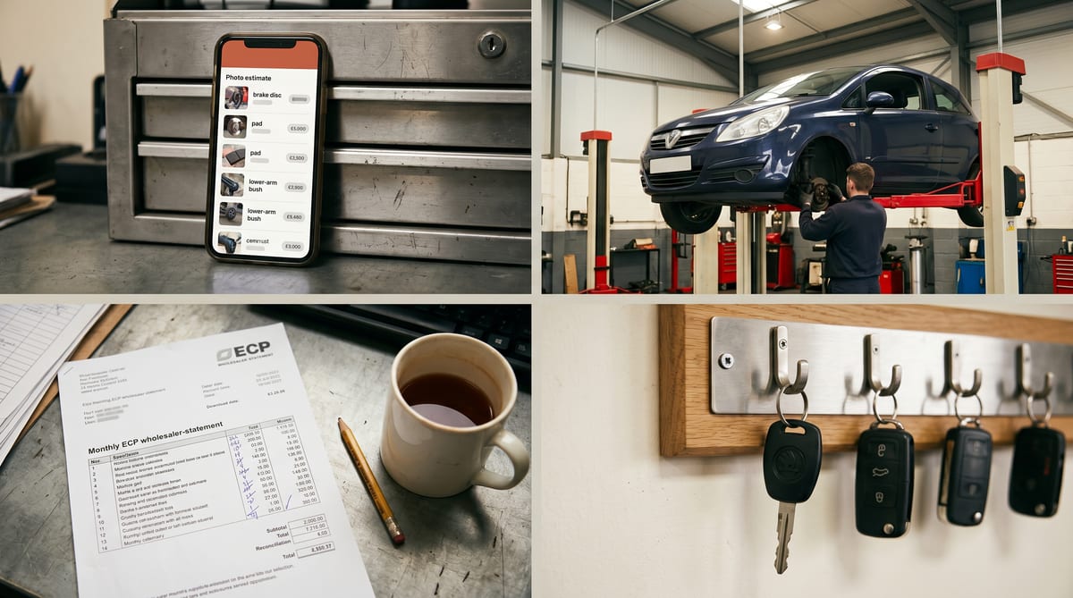 A UK independent garage's week - the MOT recall ladder, the photo estimate on the workshop phone, the wholesaler statement, the Saturday morning chaos, the loan-fleet Citigo