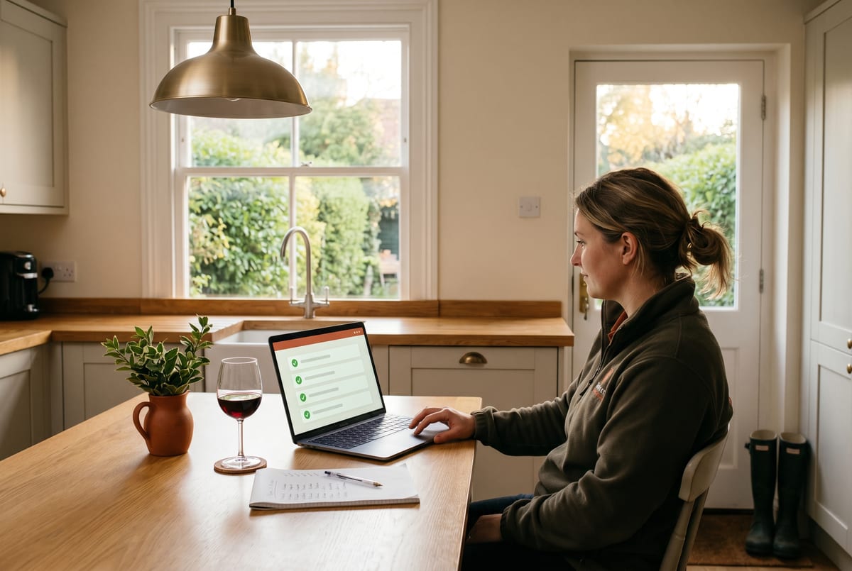 Friday evening at a pet-service operator's kitchen table - the round reconciled, the wait-list cleared, the photos all sent, the inspector's audit pack ready, the owner finishing a glass of wine