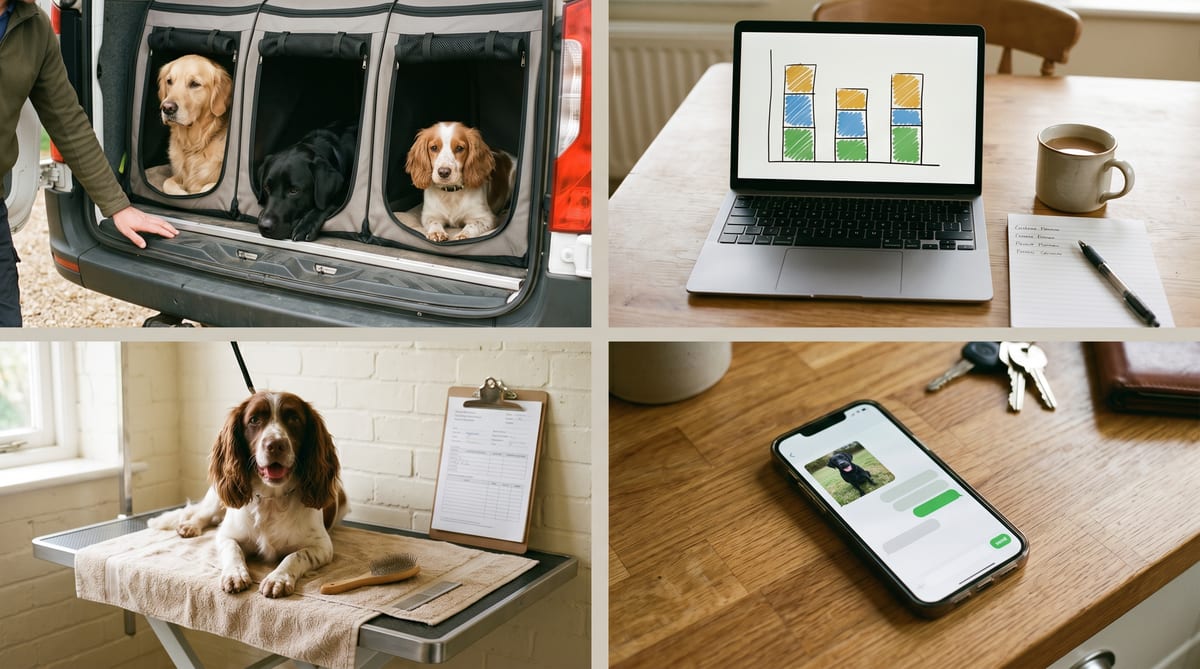 A UK independent pet-service operator's week - the thirty-dog round, the cash-payment doorstep, the photo-update WhatsApp threads, the wait-list, the council inspector's clipboard